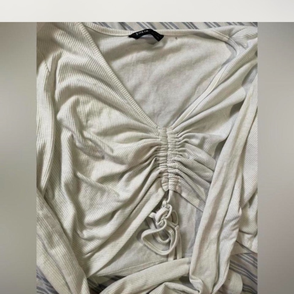 SHEIN Cream Ruched Tie Front Long Sleeve Blouse